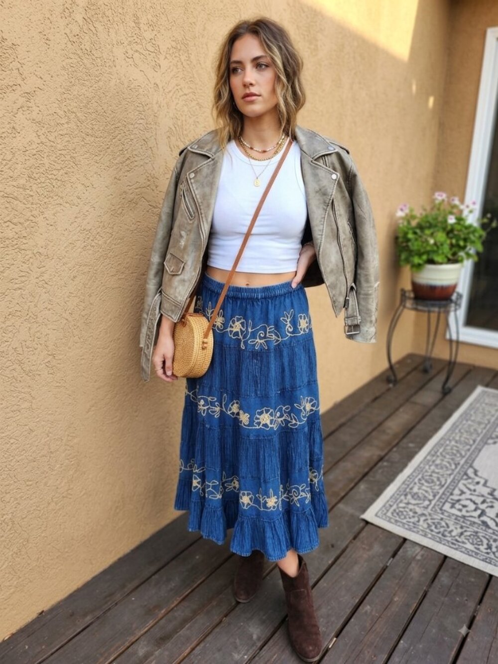 Sacred Threads Y2KBlue Denim Look Boho Rayon Embroidered Tiered Midi Skirt Small